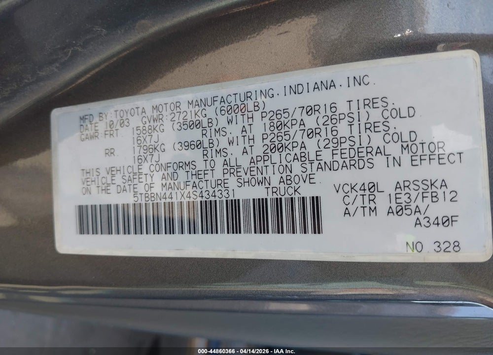 2004 TOYOTA TUNDRA SR5 VIN: 5TBBN441X4S434331