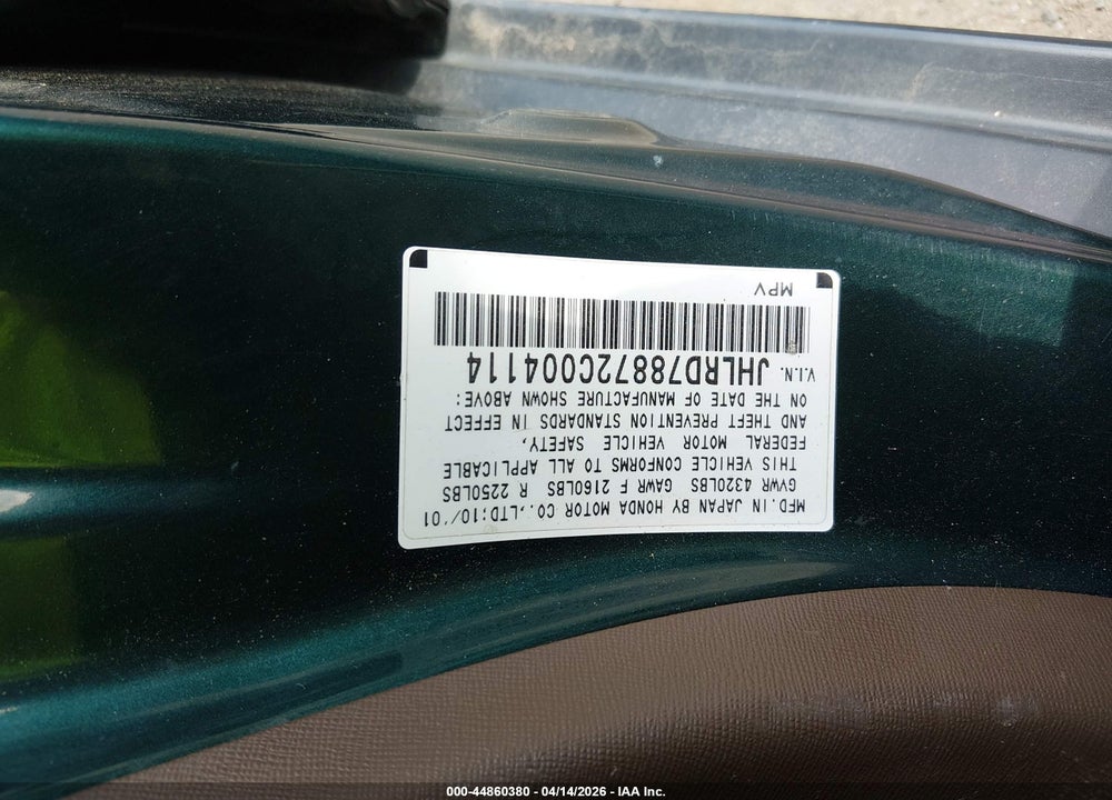 2002 HONDA CR-V EX VIN: JHLRD78872C004114