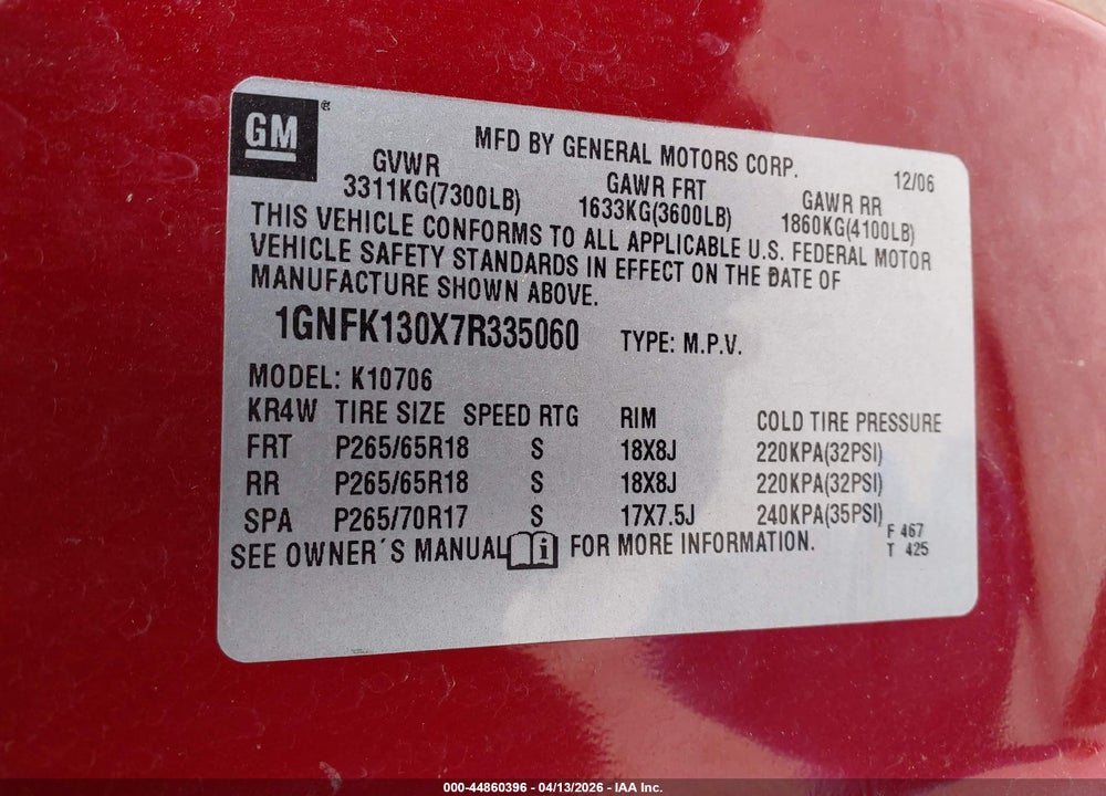 2007 CHEVROLET TAHOE LT VIN: 1GNFK130X7R335060