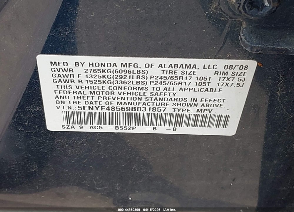 2009 HONDA PILOT EX-L VIN: 5FNYF48569B031857