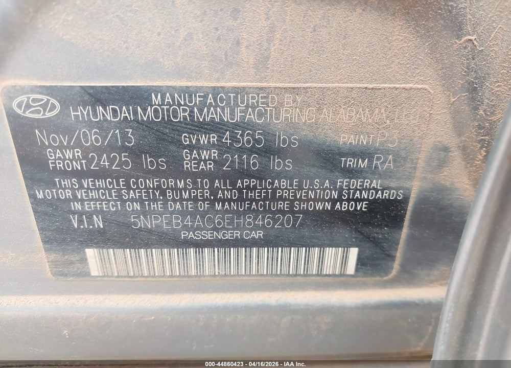 2014 HYUNDAI SONATA GLS VIN: 5NPEB4AC6EH846207