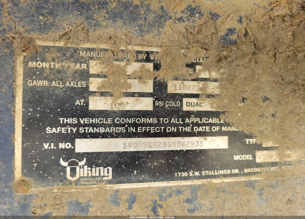 2016 TRAILER VIKING VIN: 1V9DS4823GN062935