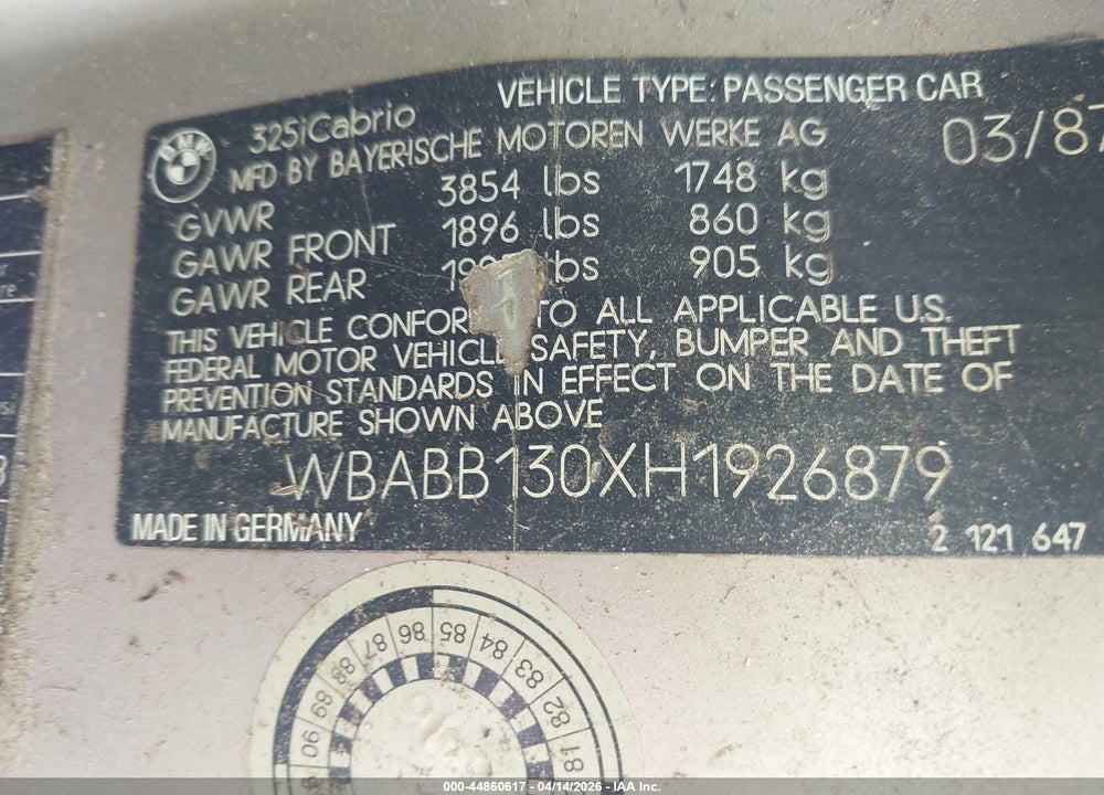 1987 BMW 325 I VIN: WBABB130XH1926879