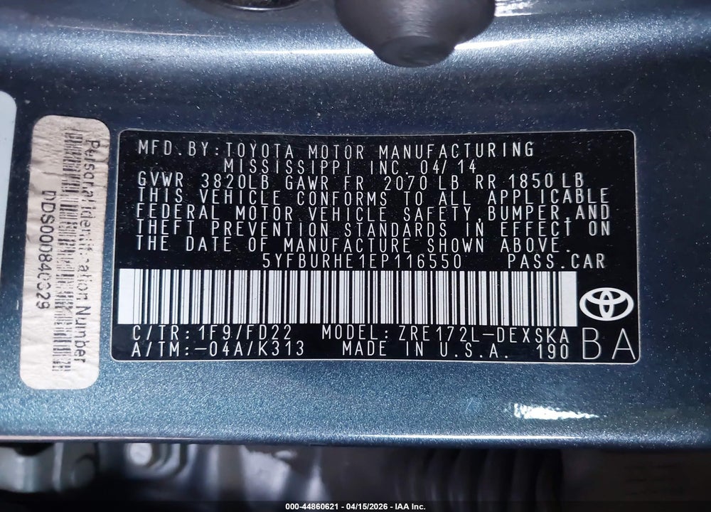 2014 TOYOTA COROLLA S PLUS VIN: 5YFBURHE1EP116550