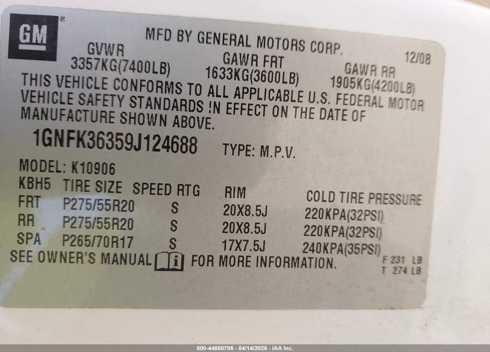 2009 CHEVROLET SUBURBAN 1500 LTZ VIN: 1GNFK36359J124688