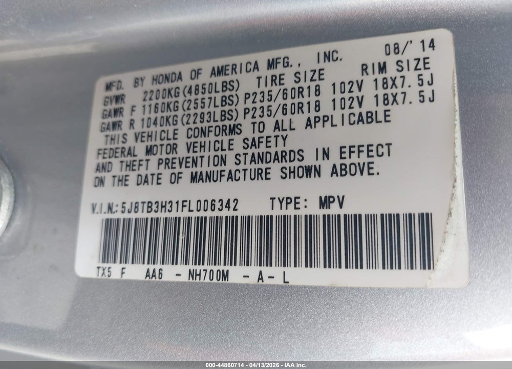 2015 ACURA RDX VIN: 5J8TB3H31FL006342