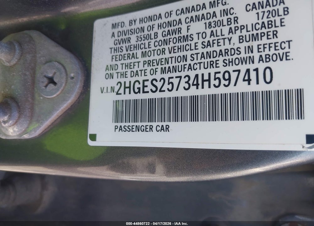 2004 HONDA CIVIC EX VIN: 2HGES25734H597410
