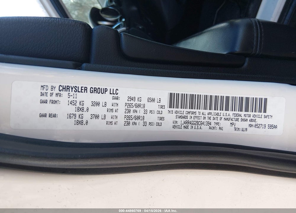 2011 JEEP GRAND CHER VIN: 1J4RR4GG2BC641394