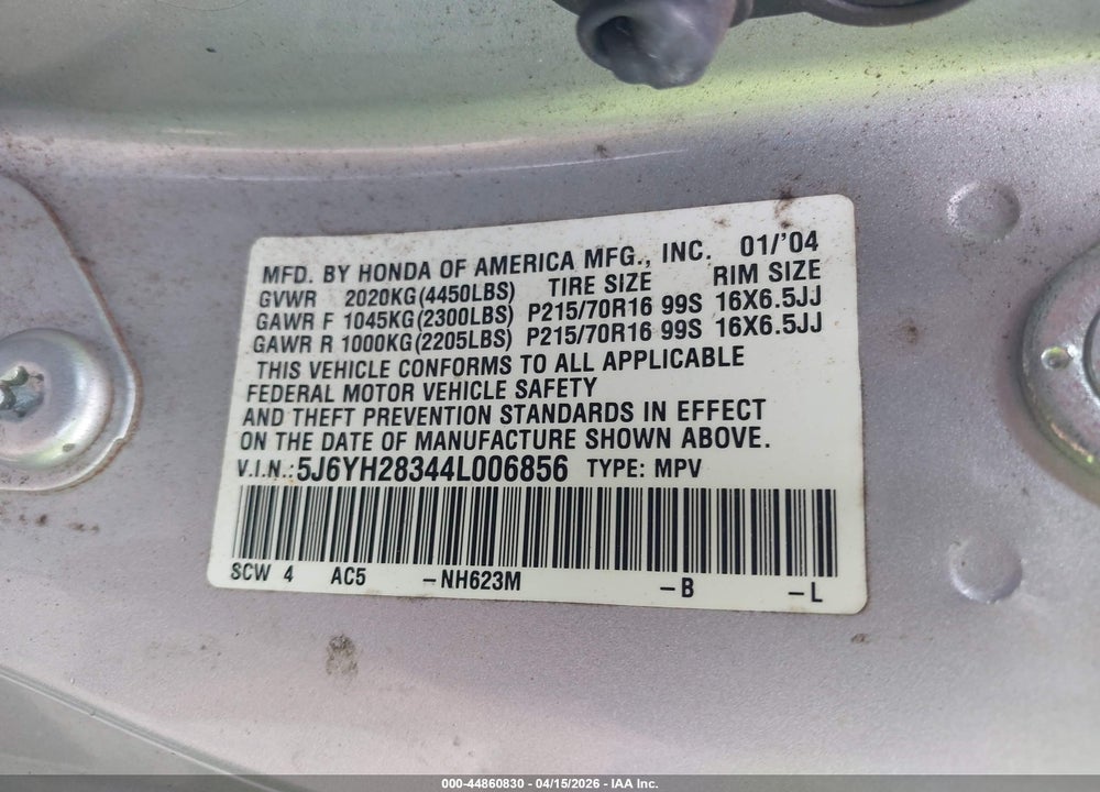2004 HONDA ELEMENT LX VIN: 5J6YH28344L006856