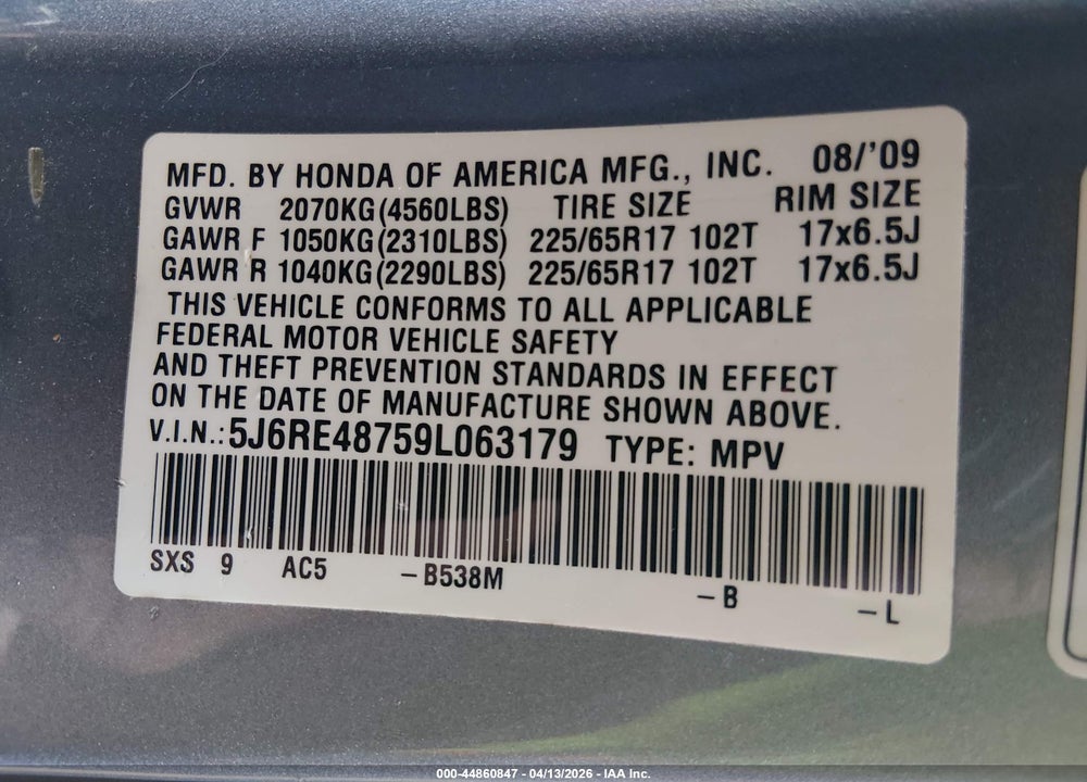 2009 HONDA CR-V EX-L VIN: 5J6RE48759L063179