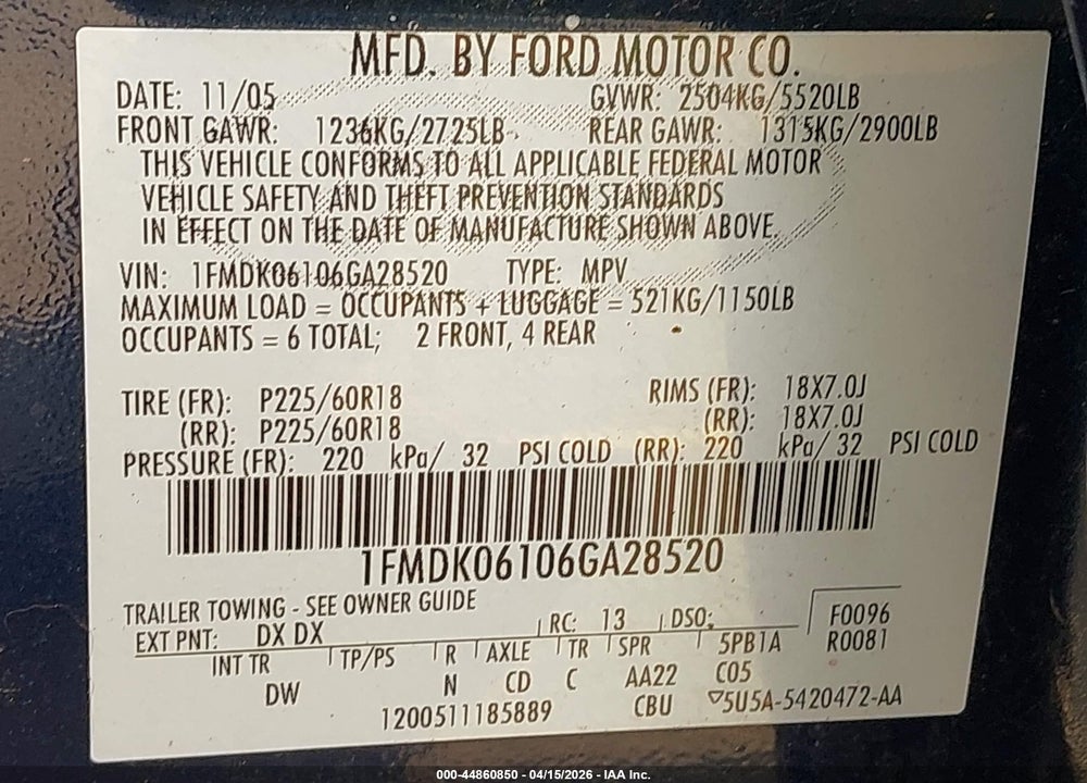 2006 FORD FREESTYLE LIMITED VIN: 1FMDK06106GA28520