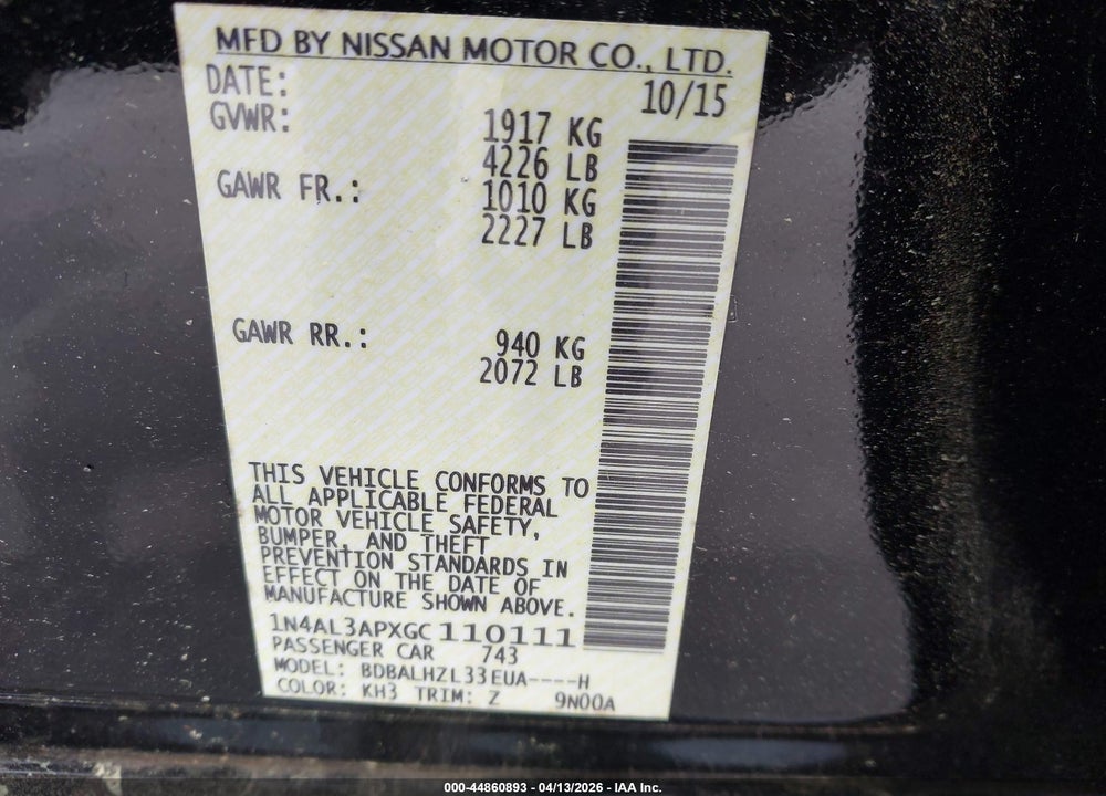 2016 NISSAN ALTIMA 2.5 SR VIN: 1N4AL3APXGC110111