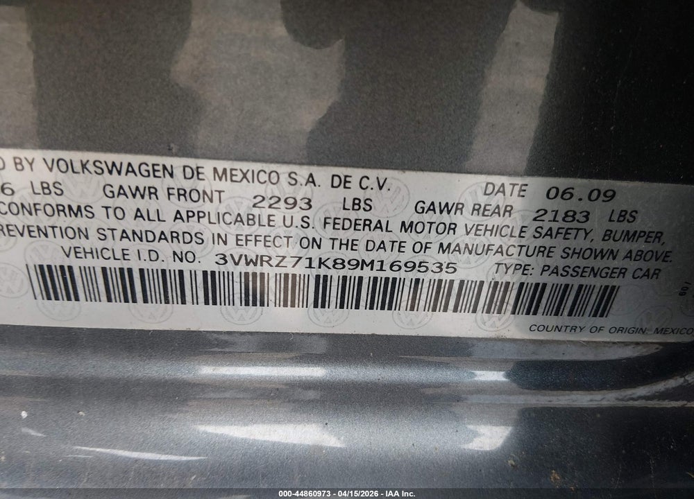 2009 VOLKSWAGEN JETTA SE VIN: 3VWRZ71K89M169535