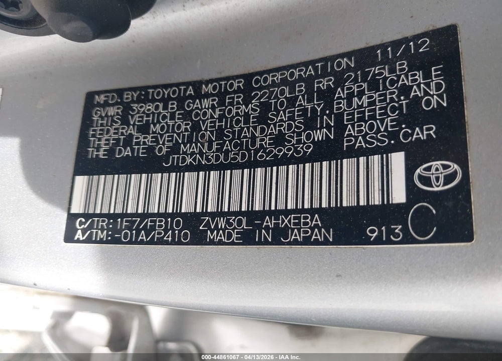 2013 TOYOTA PRIUS TWO VIN: JTDKN3DU5D1629939