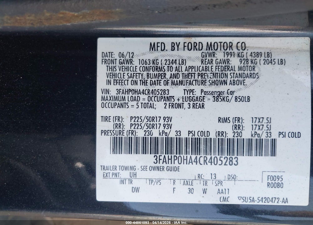 2012 FORD FUSION SE VIN: 3FAHP0HA4CR405283