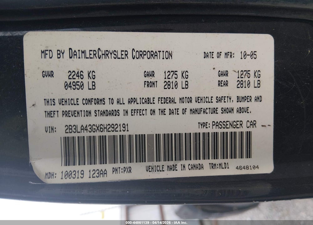 2006 DODGE CHARGER VIN: 2B3LA43GX6H292191
