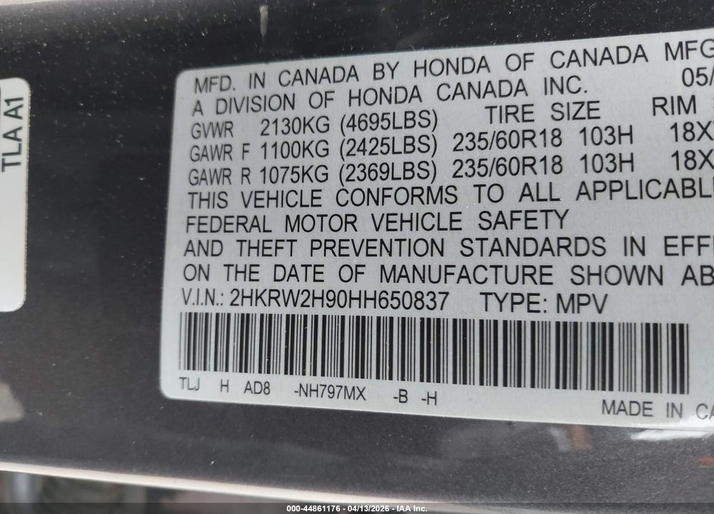 2017 HONDA CR-V TOURING VIN: 2HKRW2H90HH650837