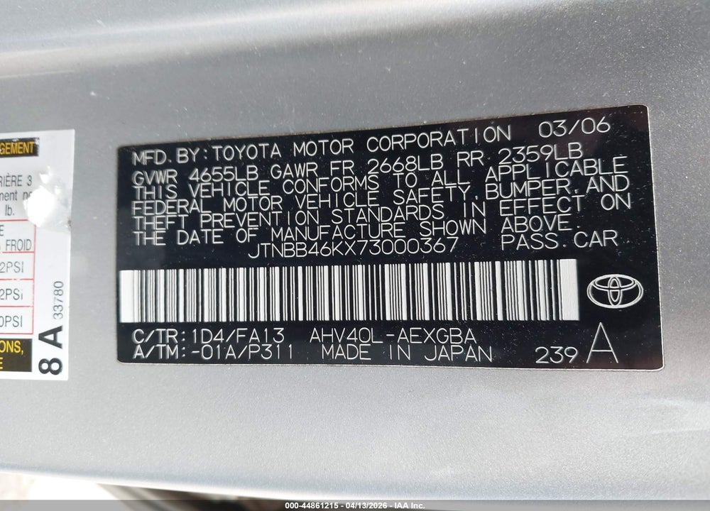 2007 TOYOTA CAMRY HYBRID VIN: JTNBB46KX73000367