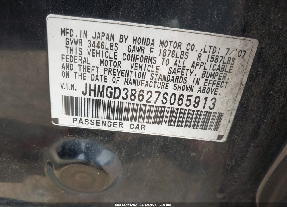 2007 HONDA FIT SPORT VIN: JHMGD38627S065913