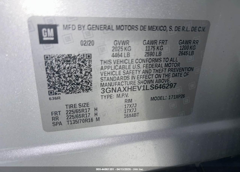 2020 CHEVROLET EQUINOX VIN: 3GNAXHEV1LS646297