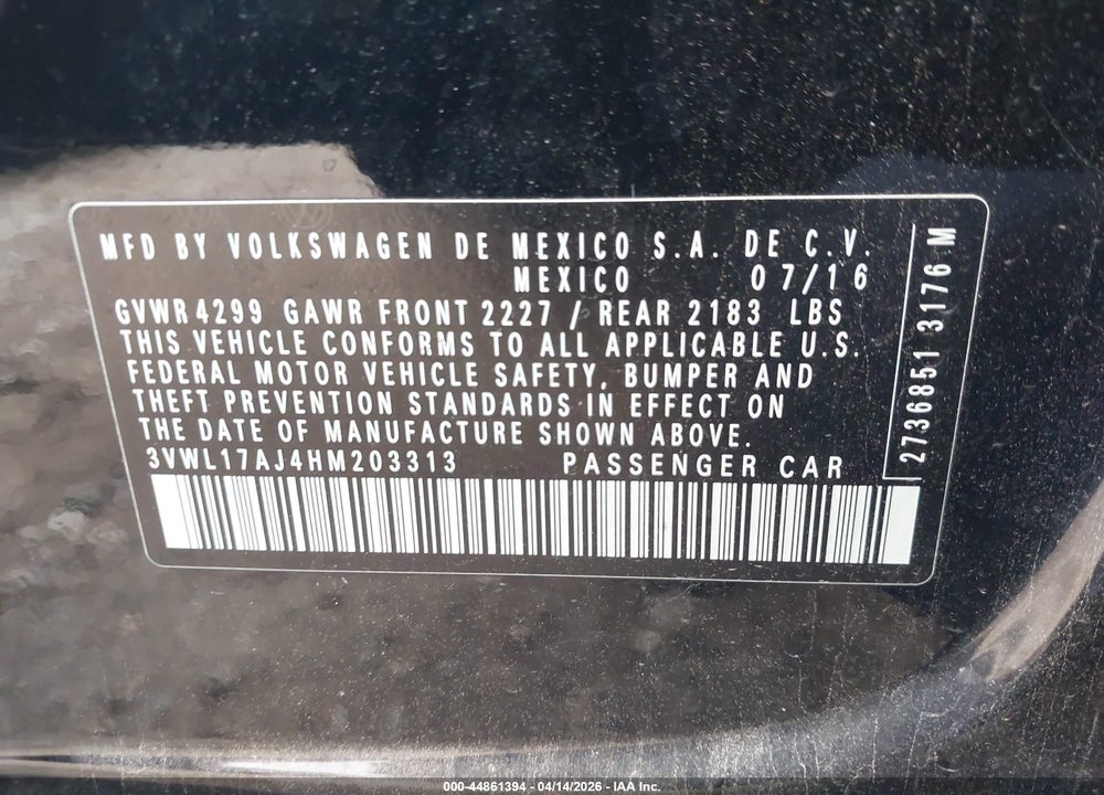 2017 VOLKSWAGEN JETTA 1.8T SEL PREMIUM VIN: 3VWL17AJ4HM203313