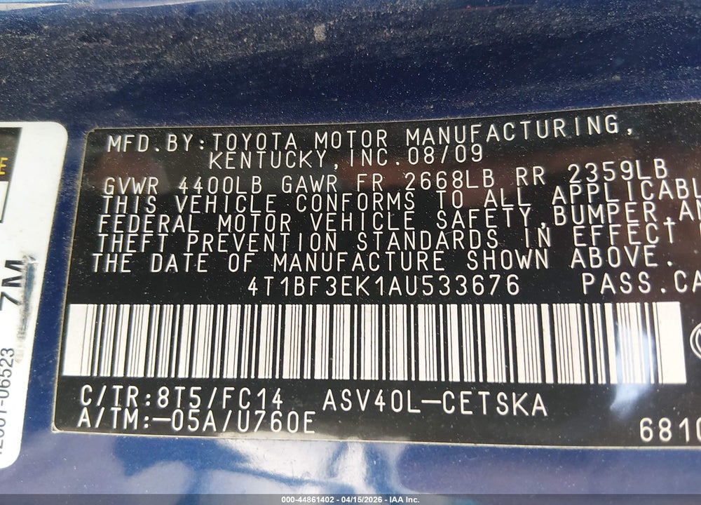 2010 TOYOTA CAMRY SE VIN: 4T1BF3EK1AU533676