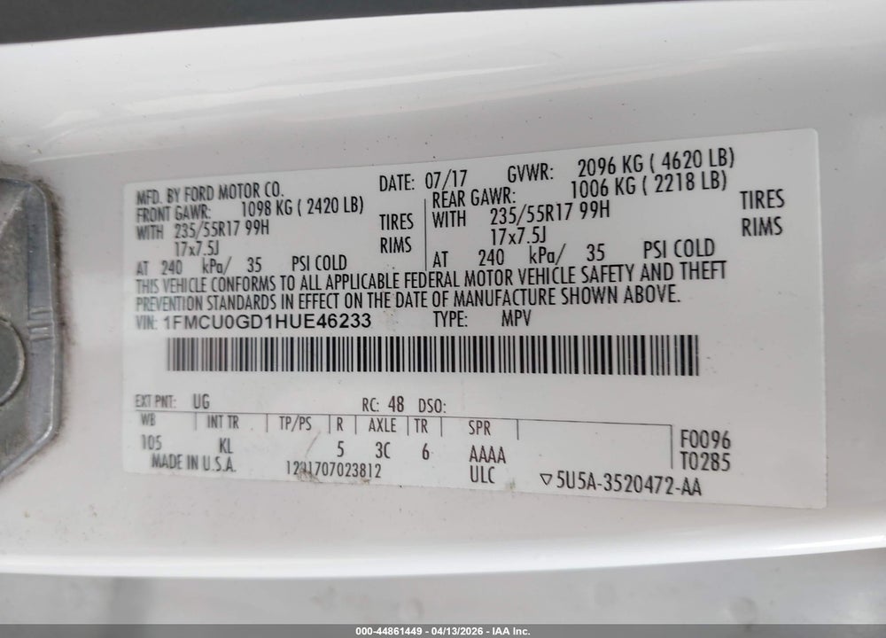 2017 FORD ESCAPE SE VIN: 1FMCU0GD1HUE46233