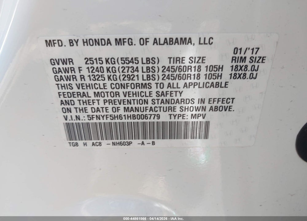 2017 HONDA PILOT EX-L VIN: 5FNYF5H61HB006779
