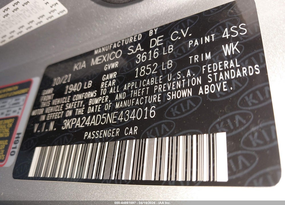 2022 KIA RIO LX VIN: 3KPA24AD5NE434016