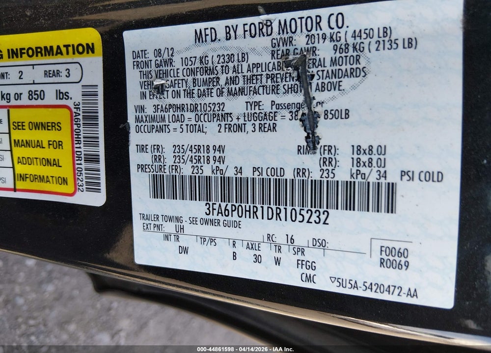 2013 FORD FUSION SE VIN: 3FA6P0HR1DR105232