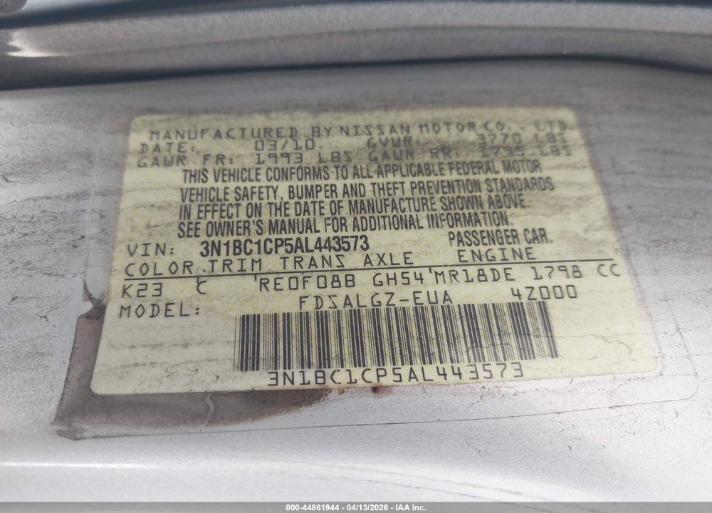 2010 NISSAN VERSA 1.8SL VIN: 3N1BC1CP5AL443573