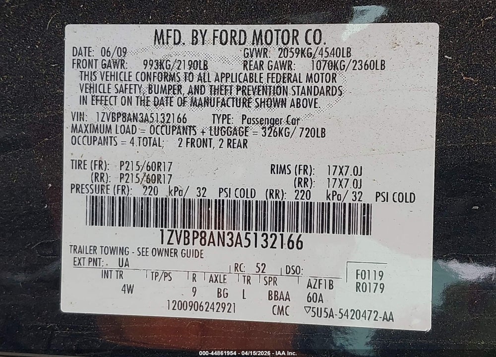 2010 FORD MUSTANG V6/V6 PREMIUM VIN: 1ZVBP8AN3A5132166