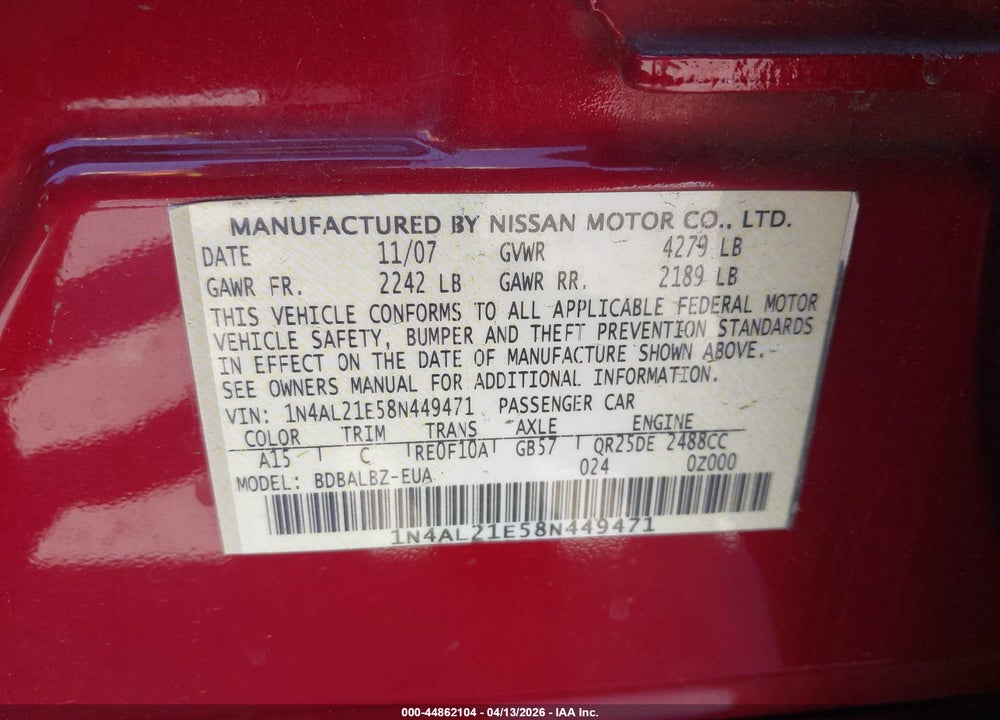 2008 NISSAN ALTIMA 2.5 S VIN: 1N4AL21E58N449471