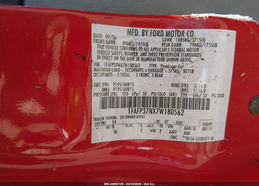 2007 FORD FOCUS S/SE/SES VIN: 1FAFP37NX7W180562