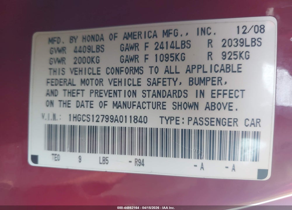 2009 HONDA ACCORD 2.4 EX VIN: 1HGCS12799A011840