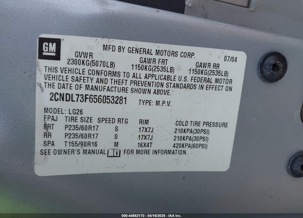 2005 CHEVROLET EQUINOX LT VIN: 2CNDL73F656053281
