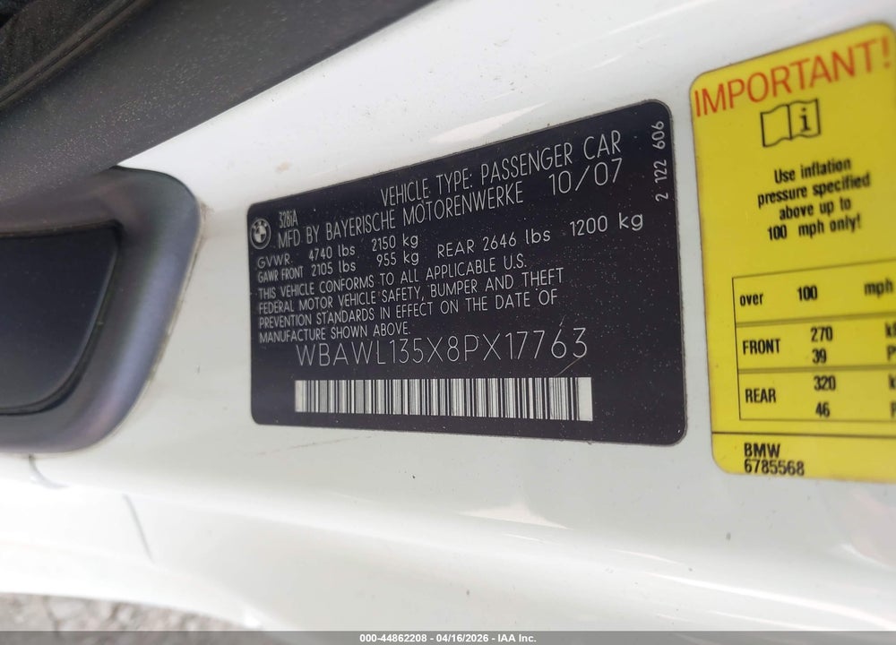 2008 BMW 328I VIN: WBAWL135X8PX17763