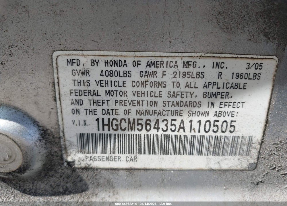 2005 HONDA ACCORD 2.4 LX VIN: 1HGCM56435A110505