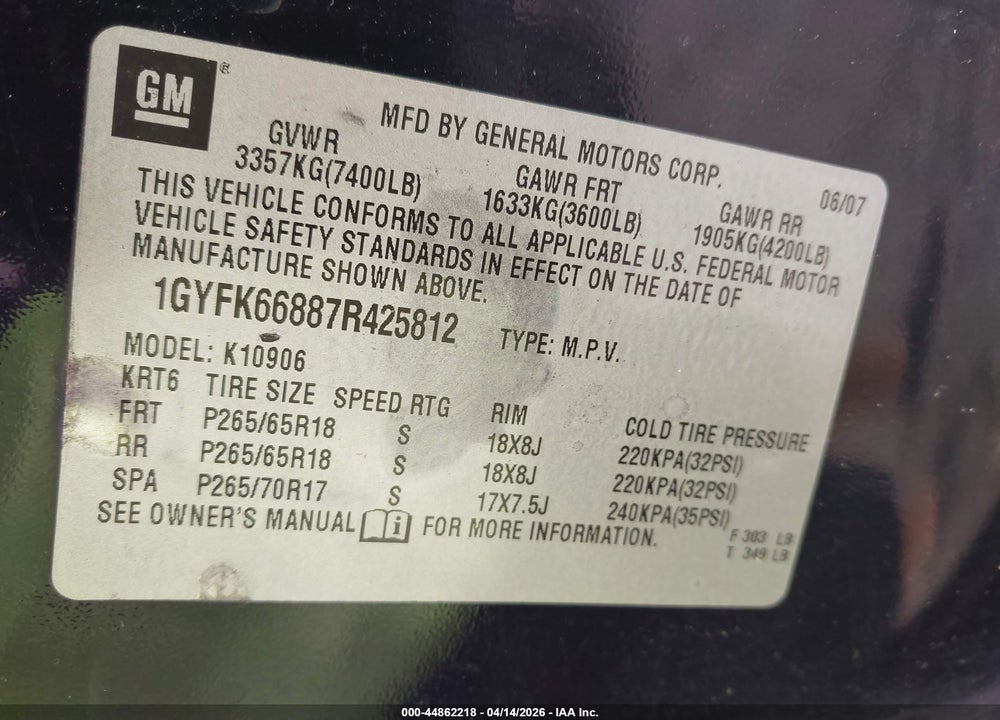 2007 CADILLAC ESCALADE ESV STANDARD VIN: 1GYFK66887R425812