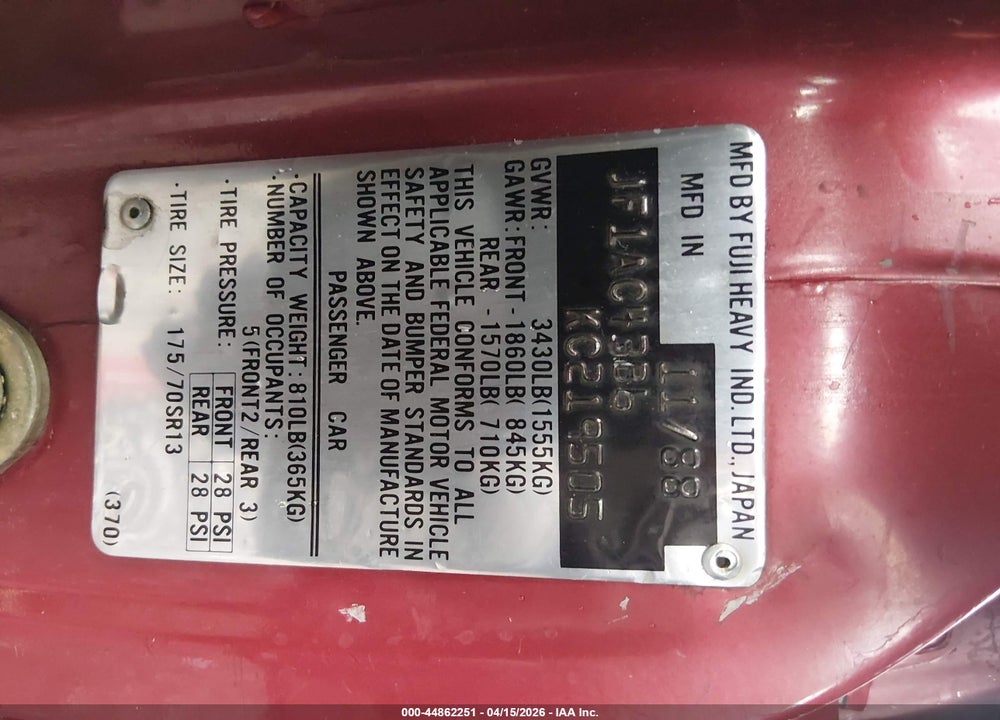 1989 SUBARU GL VIN: JF1AC43B6KC219505