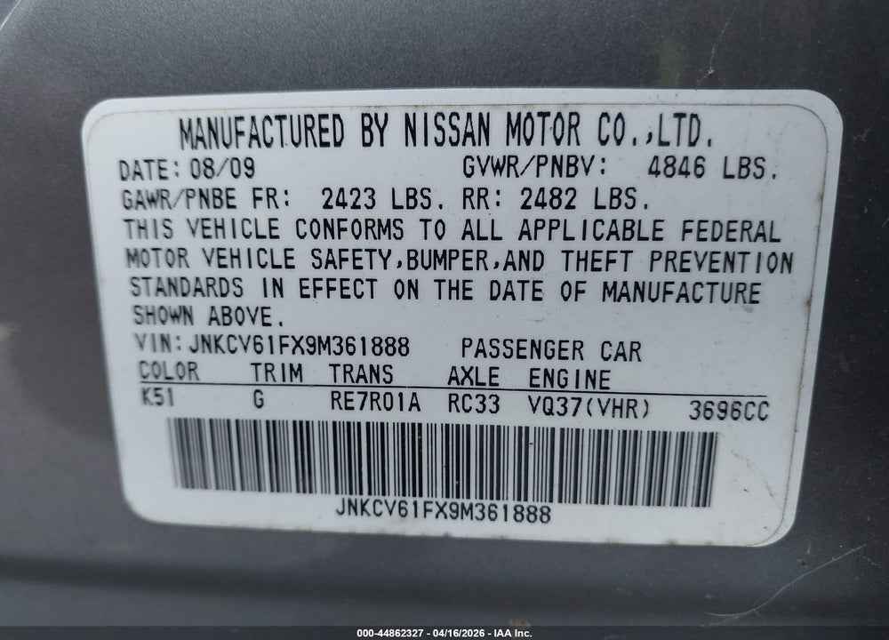 2009 INFINITI G37X VIN: JNKCV61FX9M361888