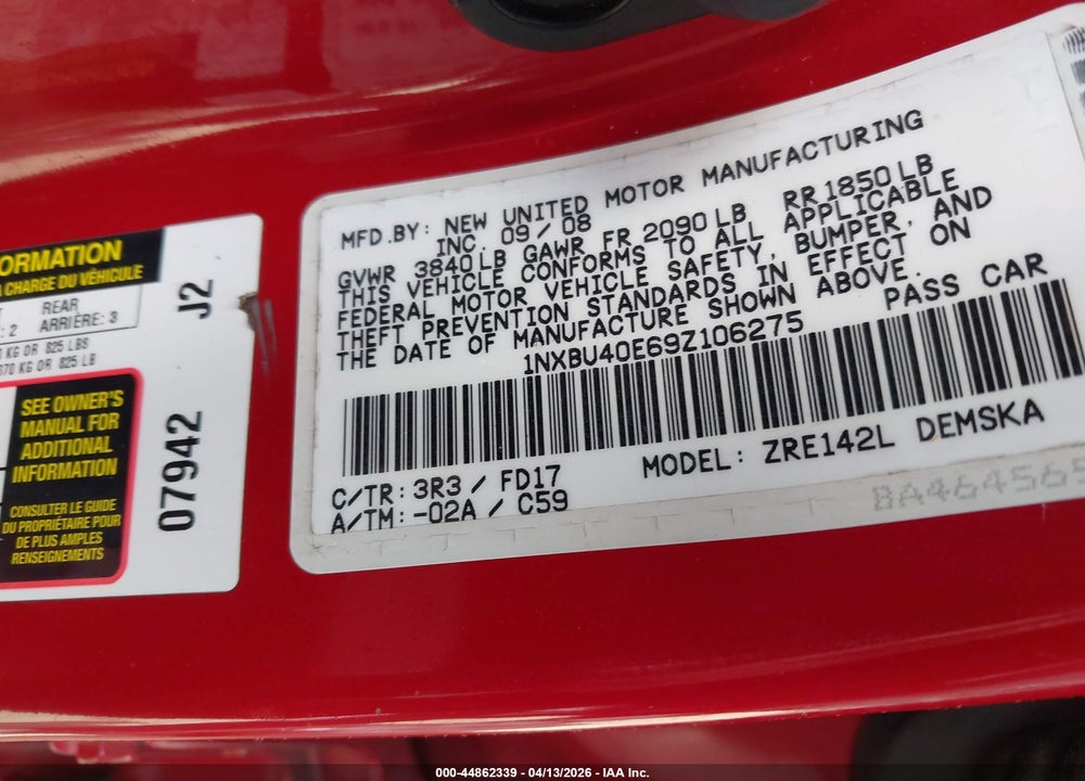 2009 TOYOTA COROLLA S VIN: 1NXBU40E69Z106275