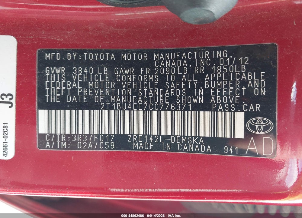 2012 TOYOTA COROLLA S VIN: 2T1BU4EE7CC776371