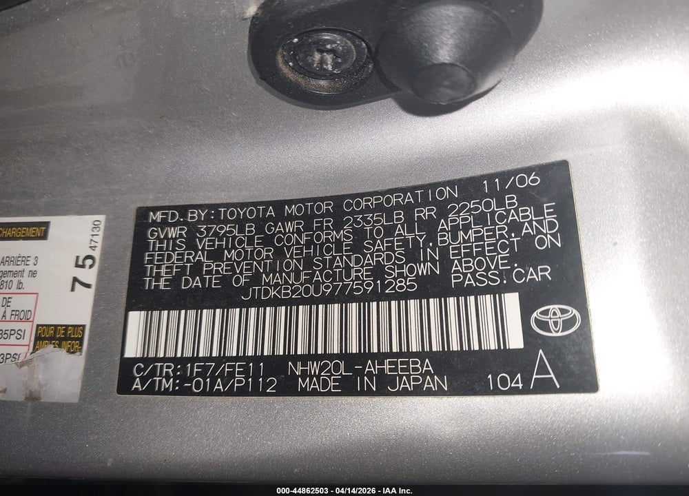 2007 TOYOTA PRIUS VIN: JTDKB20U977591285