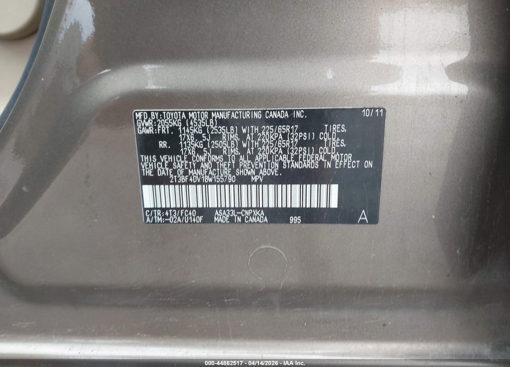 2011 TOYOTA RAV4 VIN: 2T3BF4DV1BW155790