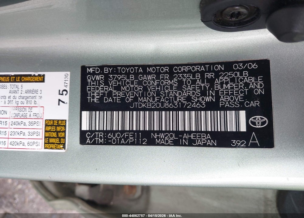 2006 TOYOTA PRIUS VIN: JTDKB20U863172463