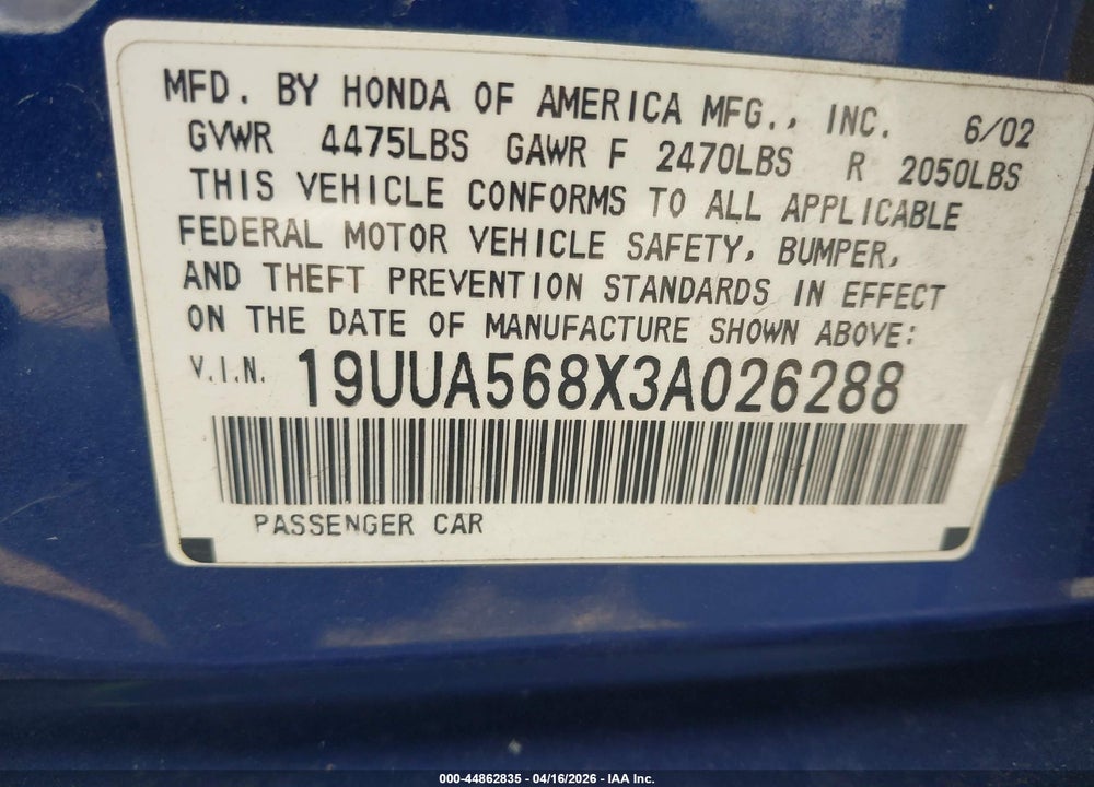2003 ACURA TL 3.2 TYPE S VIN: 19UUA568X3A026288