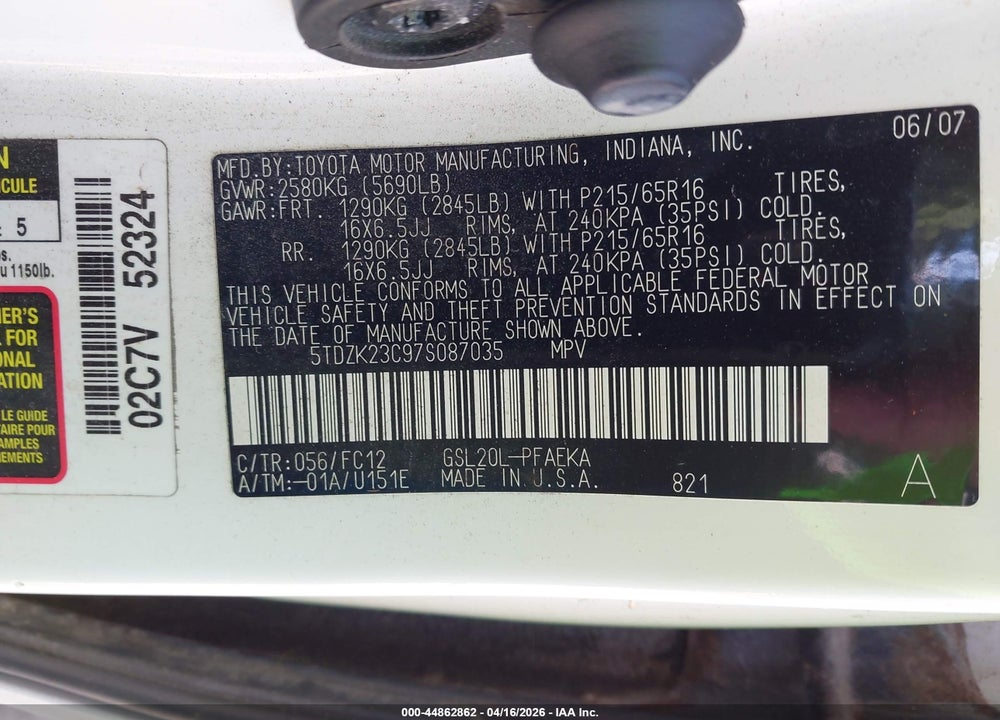 2007 TOYOTA SIENNA LE VIN: 5TDZK23C97S087035
