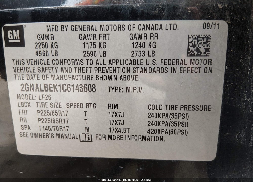 2012 CHEVROLET EQUINOX LS VIN: 2GNALBEK1C6143608