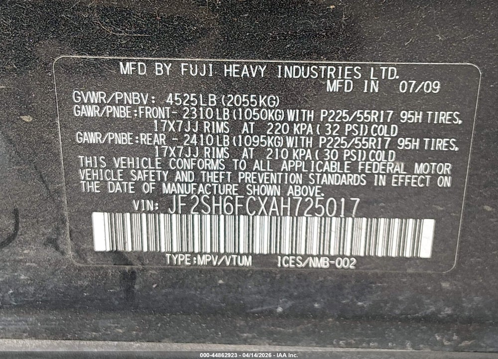 2010 SUBARU FORESTER 2.5XT LIMITED VIN: JF2SH6FCXAH725017